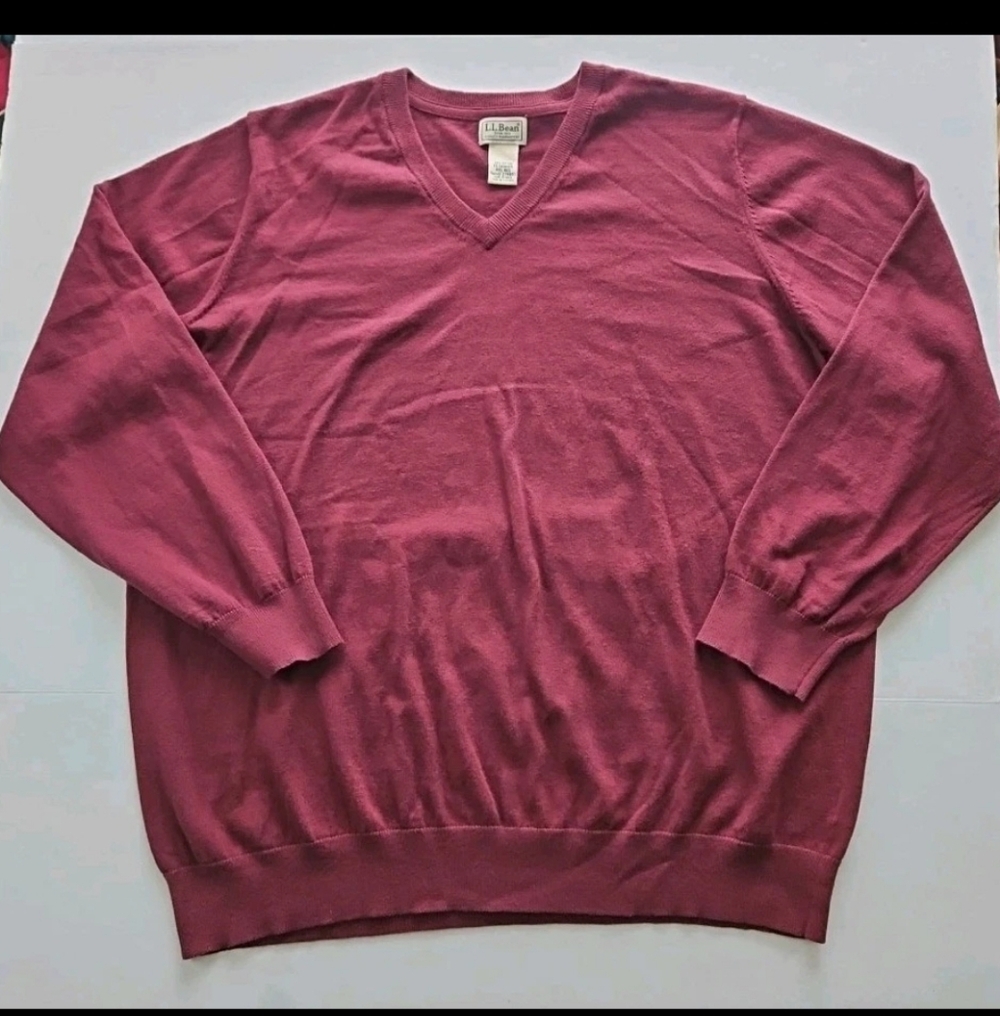 LL Bean Mens XXL V-Neck Sweater Burgundy cotton cashmere blend Holidays Luxury